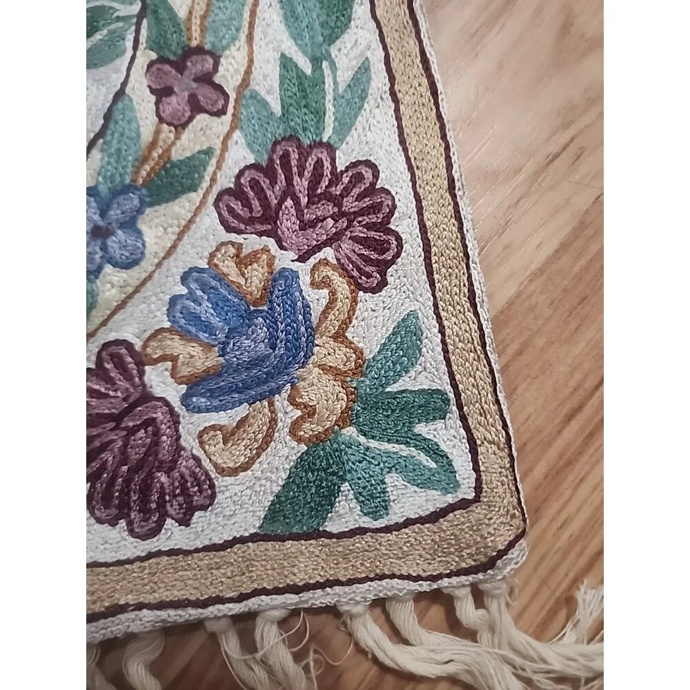 Vintage Kashmiri Crewel Chain Stitch Floral Rug Wall Hanging Boho 2 x 3 Tapestry